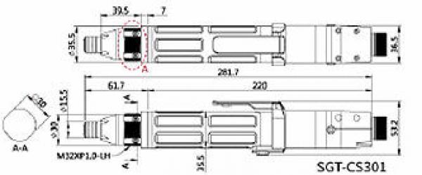 The image displays technical drawings of a component with dimensions in millimeters. Multiple views are shown, including a top view and a side view.