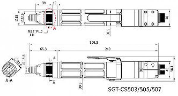 The image displays technical drawings of a cylinder with dimensions. It includes side views and a top view, showing various dimensions and details.