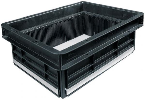 The image shows a black, rectangular plastic box with a ribbed bottom and open sides. The box appears sturdy and versatile, ideal for transport or storage.