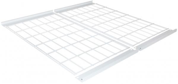 The image shows a rectangular, white metal grid shelf. It has a coarse, subdivided structure with vertical and horizontal bars that provide stability and ventilation.
