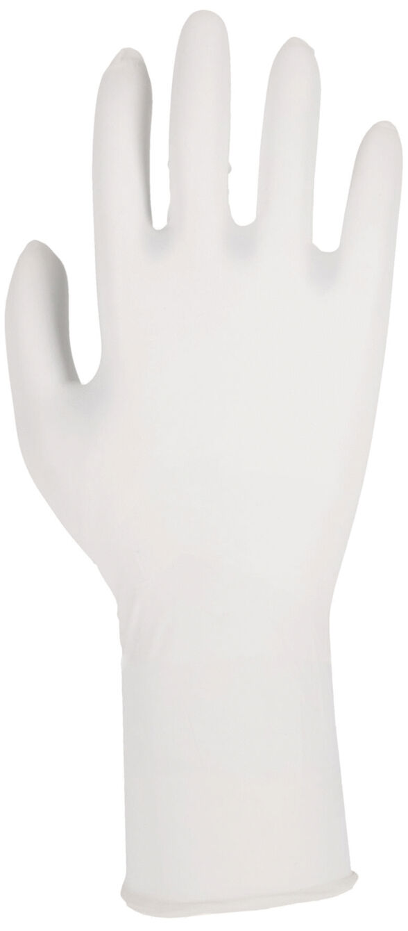 Das Bild zeigt einen weißen, latexähnlichen Handschuh, der flach ausgelegt ist. Er hat fünf Finger und eine gerade Manschette am Handgelenk. Die Oberfläche wirkt glatt und glänzend.