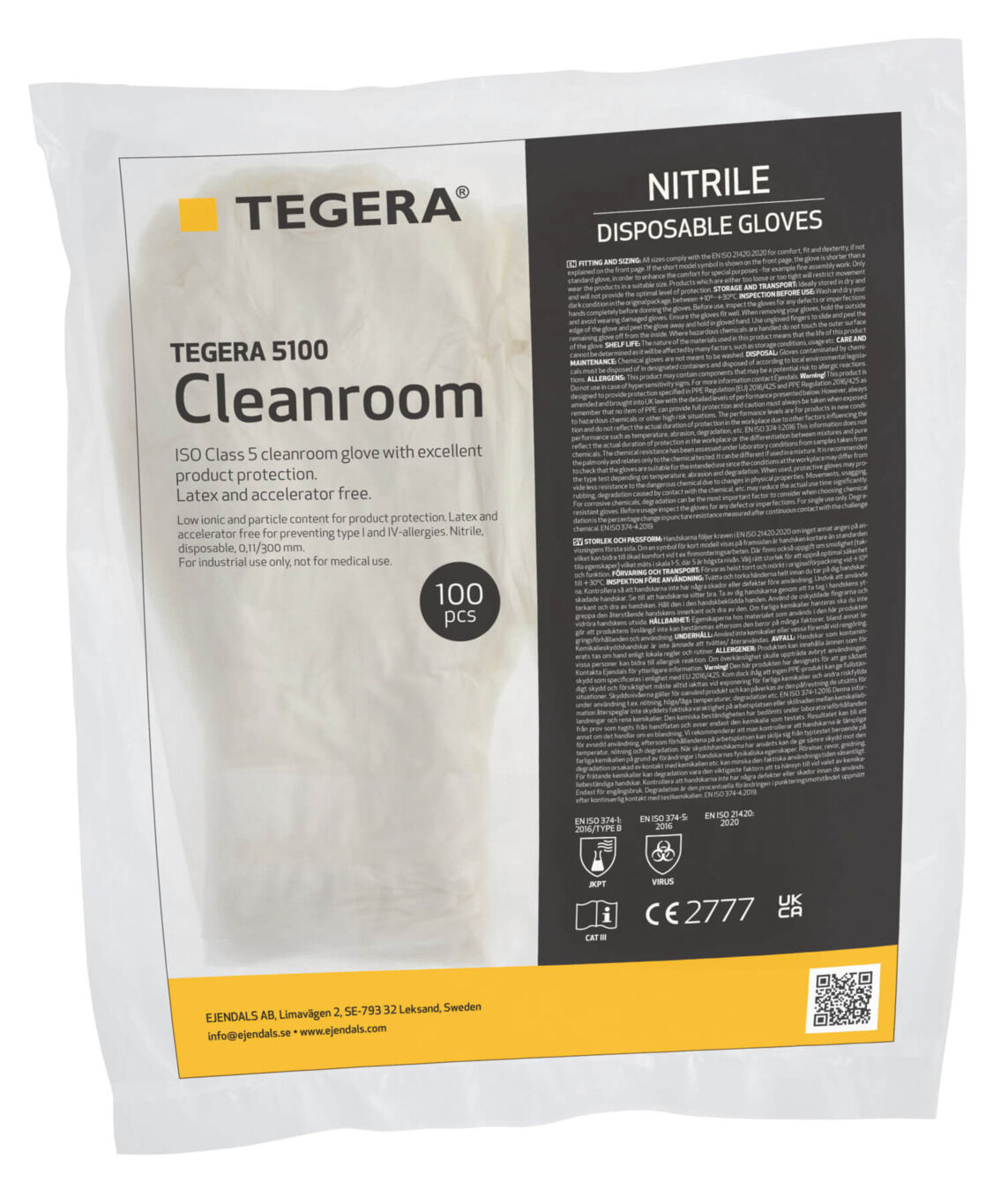 Das Bild zeigt eine transparente Verpackung mit Nitrilhandschuhen der Marke TEGERA. Darauf sind Informationen über das Produkt, einschließlich Größe, Menge (100 Stück) und Verwendung, gedruckt.