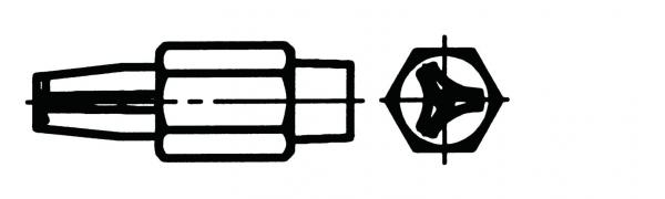 Das Bild zeigt ein schwarz-weißes Diagramm eines Werkzeugs. Links ist ein zylindrisches Ende mit zwei schmalen Abschnitten, rechts ein sechseckiger Kopf mit drei Einschnitten in Form einer Y.