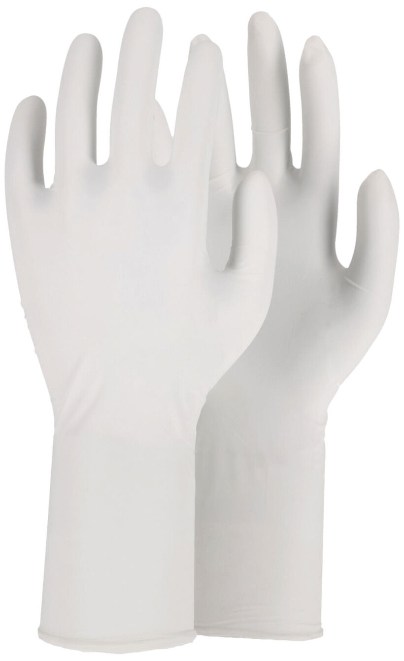 Das Bild zeigt ein Paar weiße, langärmlige Handschuhe. Sie sind aus einem glatten, elastischen Material und sehen hygienisch und funktional aus, ideal für medizinische oder Reinigungszwecke.