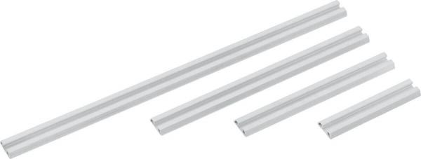 The image shows four parallel, elongated, silver tubes of varying lengths. They are smooth and straight, with two longer and two shorter pieces.