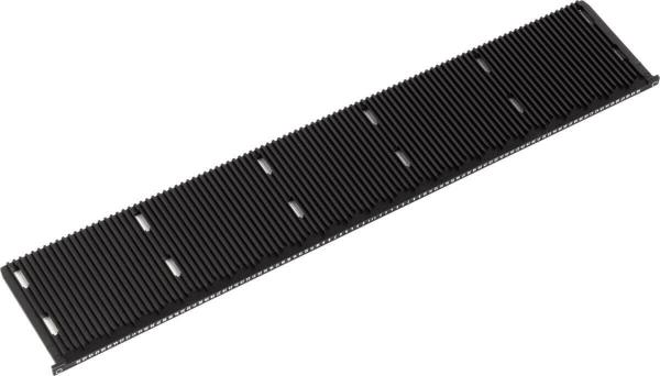 The image shows a long, flat piece in black with many parallel grooves. It has a straight shape and is possibly a component for a technical device or a machine.