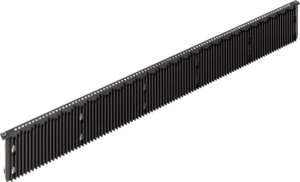 The image shows a black, long object with many closely spaced, parallel grooves. It has fastening elements at both ends and resembles a heatsink or a type of ventilation element.