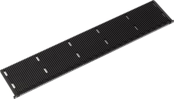 The image shows a long, flat black component with parallel grooves, which has small cutouts on one side. It appears to be a part of a technical device or a circuit board.