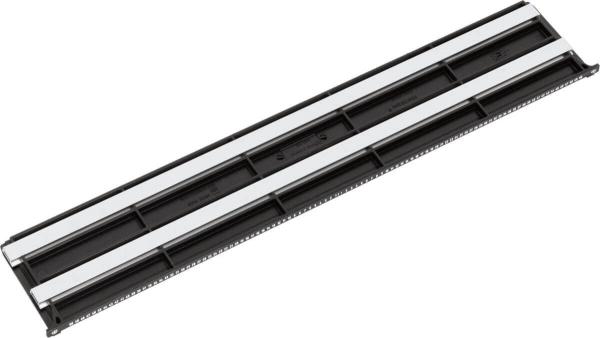 The image displays an elongated, narrow component with two parallel, metallic strips and a black plastic frame. It appears to be a bracket or a mounting rail.