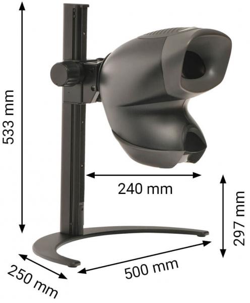 The image shows a device with a large, oval opening at the front, mounted on a sturdy, black base. It has dimensions in millimeters: 533 height, 500 width, 297 depth, and 240 depth.