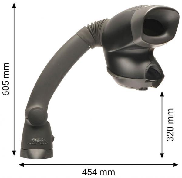 Das Bild zeigt einen schwarzen Handscanner mit einem flexiblen Arm. Der Arm misst 605 mm in der Höhe und 454 mm in der Breite. Der Scanner hat eine Öffnung an der Spitze, durch die gescannt wird.