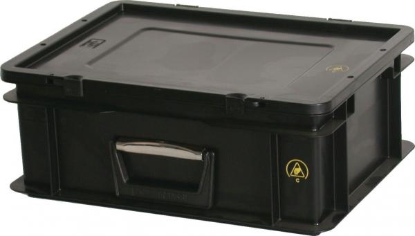 Das Bild zeigt eine rechteckige, schwarze Kunststoffbox ohne Deckel. Sie hat eine flache Oberseite, zwei seitliche Griffe und eine robuste, stabile Struktur.