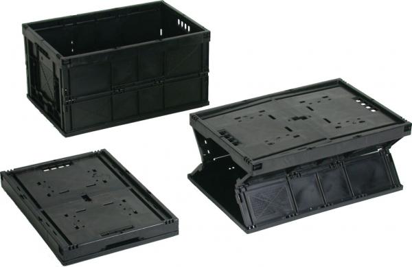 The image shows three black plastic crates. One crate is open, while the other two are tilted and either folded or unfolded. All are rectangular with ventilation holes.