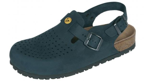 The shoe is a dark blue clog with an open heel and a strap that is adjustable with a buckle. The surface has holes for better ventilation.
