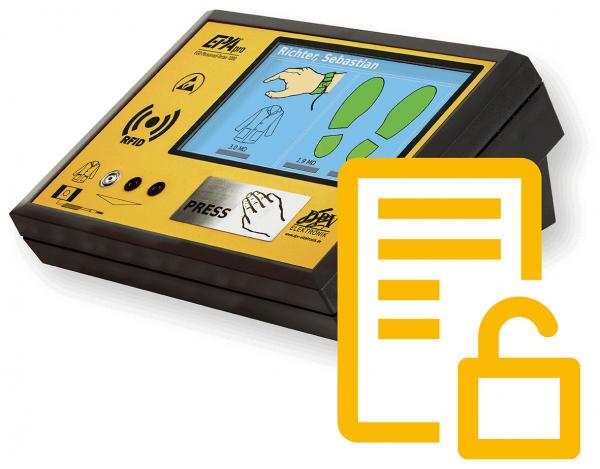 The image shows a yellow control device with a screen. On the screen, there is a hand symbol and a suit depicted. Next to it is an icon for an open lock.
