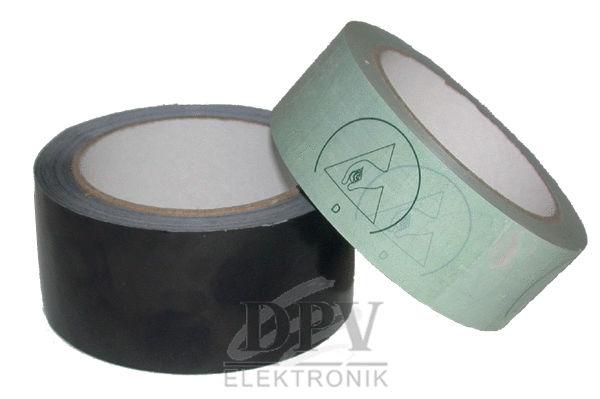 Das Bild zeigt zwei Rollen Klebeband. Eine Rolle ist schwarz, die andere hellgrün. Beide haben einen leeren inneren Kern und liegen nebeneinander.