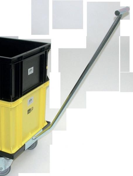 The image shows a cart with two storage boxes. On top is a black box, and below it a yellow one. The cart has an elongated handle for pushing and moves on rollers.