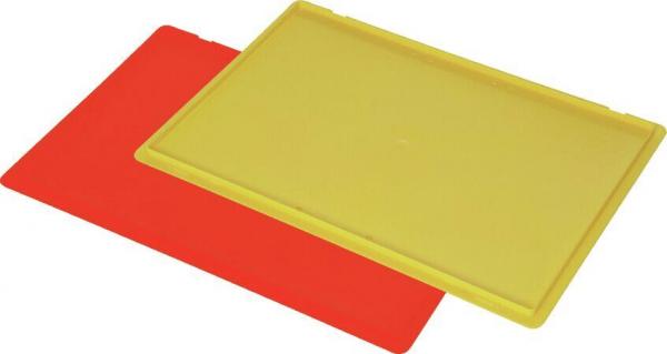 Es sind zwei rechteckige Platten zu sehen. Eine ist gelb und die andere rot. Sie sind flach und aus einem Material, das leicht wirkt. Die gelbe Platte liegt oben auf der roten.