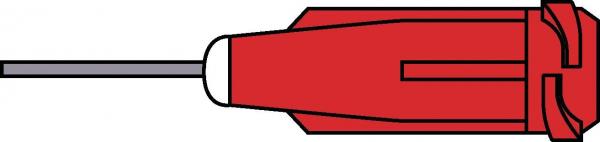The image shows a screwdriver. It has a red handle and a slim, straight metal tip. The tip is designed for screws and protrudes forward.