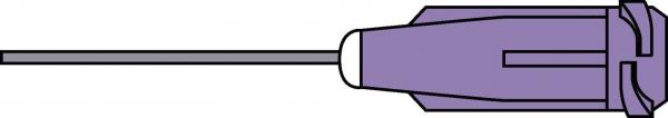 The image shows a screwdriver with a long, thin steel blade and a purple handle. The handle has an ergonomic shape and a white tip.