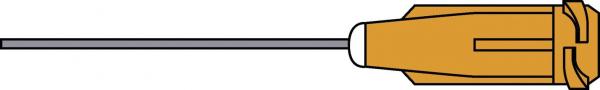 The image shows a screwdriver with a long, thin, metallic shaft and a yellow, ergonomically designed plastic handle. The handle has a smooth surface.