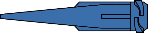 Das Bild zeigt einen langen, schmalen Kegel in Blau. Die Spitze ist spitz zulaufend, während die Basis breiter und flach ist. Rechts ist eine kleine Einkerbung zu erkennen.