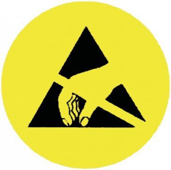 The image shows a yellow sign with a black triangle in the center. Inside it, there is a stylized hand holding an electrical plug, indicating electrical hazards.
