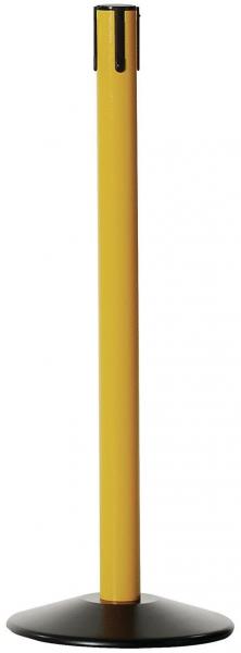 The image shows a tall, slender post in bright yellow, standing on a round, black base. At the top, the post has a vertical opening.