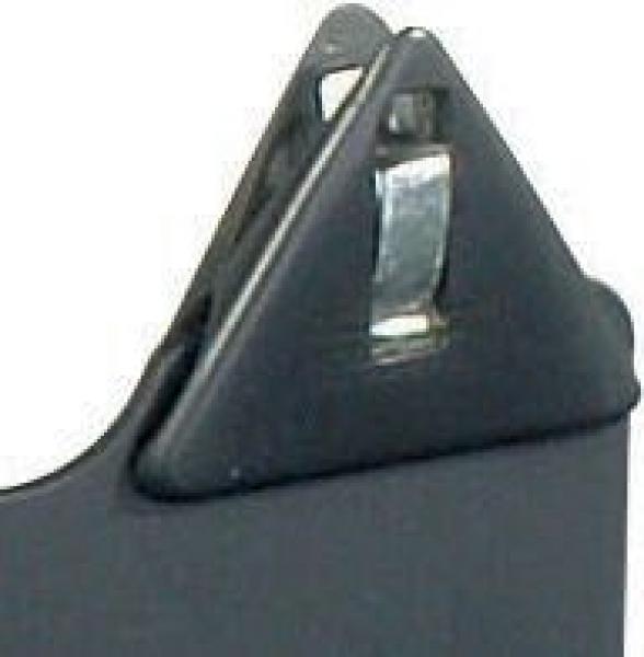 The image shows the tip of a black stapler. The shape is triangular, with a silver metal mechanism in the middle that allows for stapling.