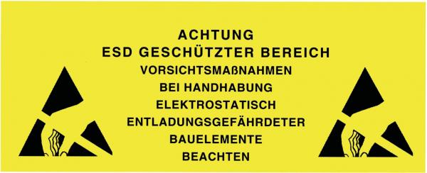 The image is a warning sign in bright yellow. It contains information about an ESD-protected area, precautions for handling, and warns of electrostatic discharges.