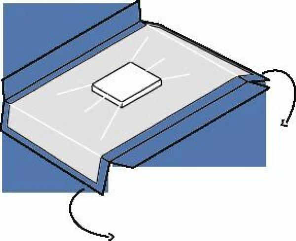 The image shows an open package with a rectangular object in the center. The corners of the package are folded outward, and rays of light are emanating from the object.