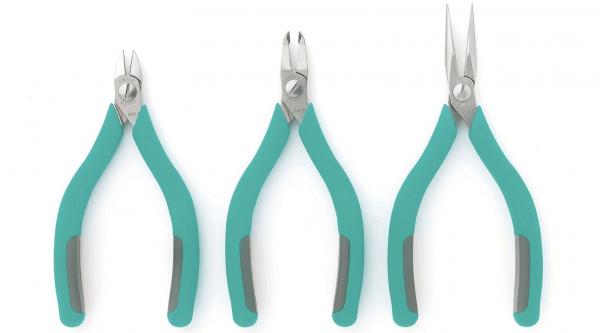 The image shows three different pliers side by side. All have a turquoise handle with gray rubber inserts. The pliers come in various shapes: one with rounded blades, one with cutting blades, and one with long, pointed blades.