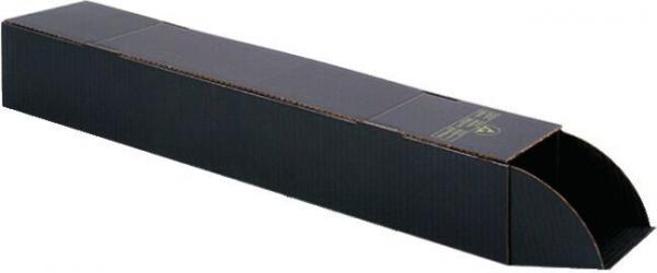 The image shows a long, black box with a flattened end. The box has a simple, rectangular shape and is open on one side.