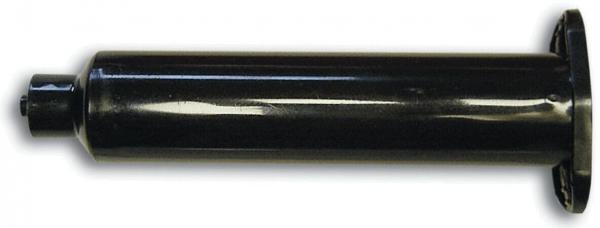 Das Bild zeigt einen langen, zylindrischen schwarzen Gegenstand mit einer flachen Basis und einem kleinen Anschluss am Ende. Er hat eine glatte Oberfläche und scheint metallisch zu sein.