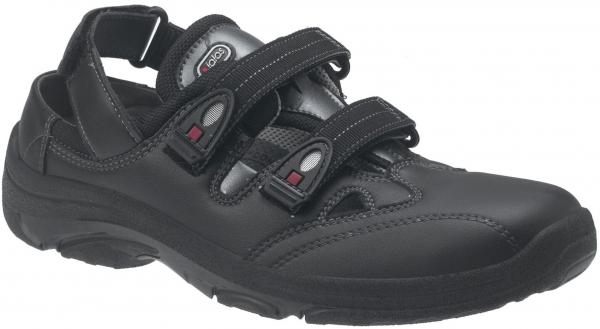 The image shows a black shoe with a sporty design. It has two wide Velcro straps and a padded entry. The sole is sturdy and slip-resistant. Ideal for activities.