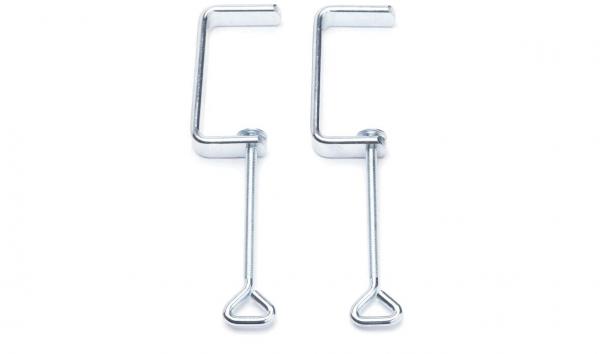 The image displays two silver metal clips. Each has a C-shape with a long, straight shaft and a small, triangular end. They are arranged next to each other.