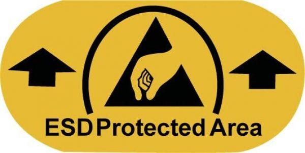 The image shows a yellow symbol with a black triangle, a hand, and two upward-pointing arrows. It marks an area that is protected against electrostatic discharge.