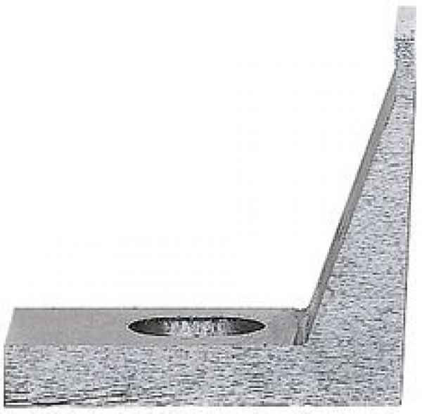 The image shows an L-shaped metal piece that is flat on the bottom and has a raised section on one side. There is a round indentation in the flat surface.