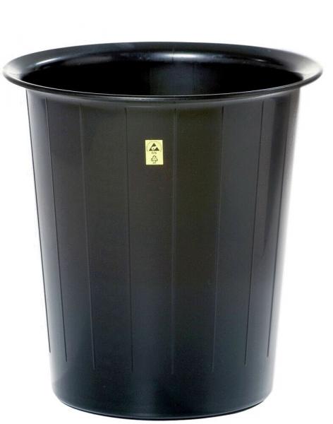 Es handelt sich um einen schwarzen Mülleimer mit einer glatten, leicht gewölbten Form. Die Oberkante ist rund und der Eimer hat eine flache Basis. Auf der Vorderseite befindet sich ein gelbes Symbol.