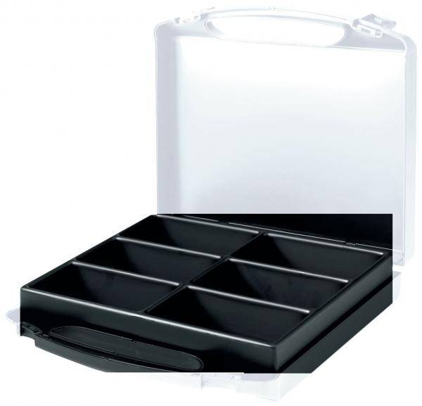 The image shows a black lunchbox with six compartments. It is rectangular, has a transparent lid, and a handle for easy transport. The box is flexible and practical.