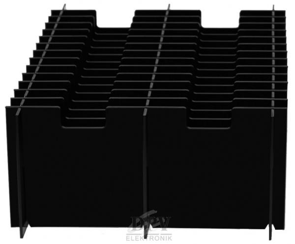 The image shows a stack of black plastic trays. The trays are arranged horizontally, with open fronts for easy access to documents or files.