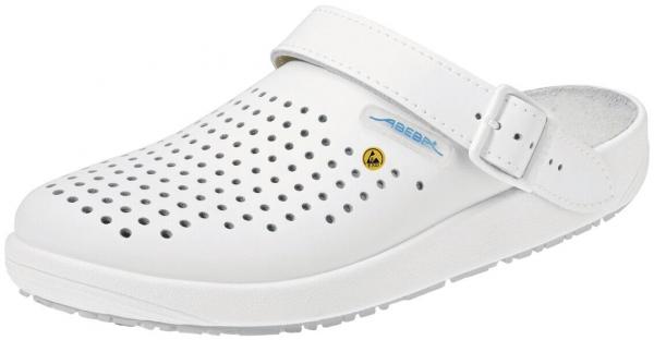 The image shows a white clog with a wide strap and many small holes. The sole is lightweight and slip-resistant, ideal for comfort and breathability.