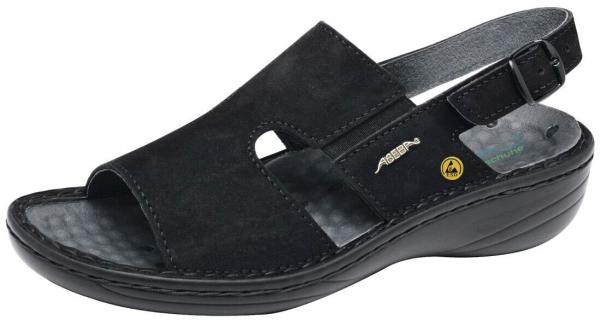 The image displays a black leather sandal with an open toe area and an adjustable strap at the back. The sole is lightweight and slightly curved.