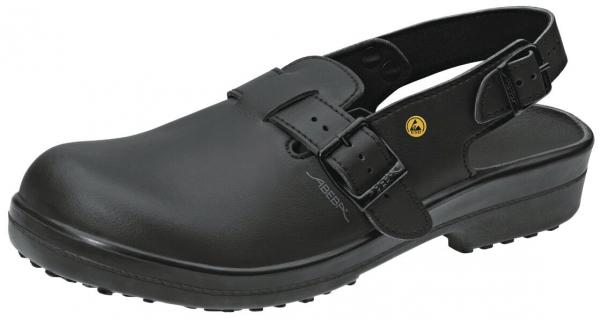In the picture, there is a black work shoe that is half-closed and equipped with a strap. The sole has a non-slip, molded structure, and the shoe appears sturdy.