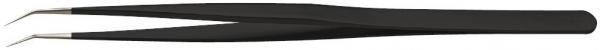 The image shows a black tweezer with two pointed, narrow tips and a wider grip. The tips are slightly curved, allowing for precise gripping of small objects.