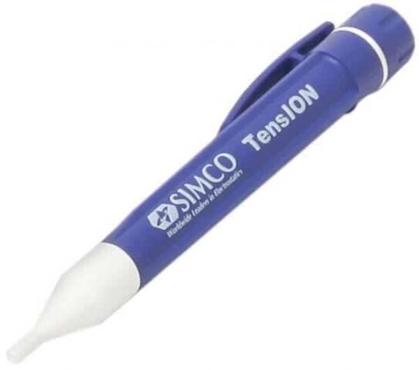 It is a blue pen with a white tip. The body has a smooth surface and a practical clip. The pen reads "SIMCO Tension".