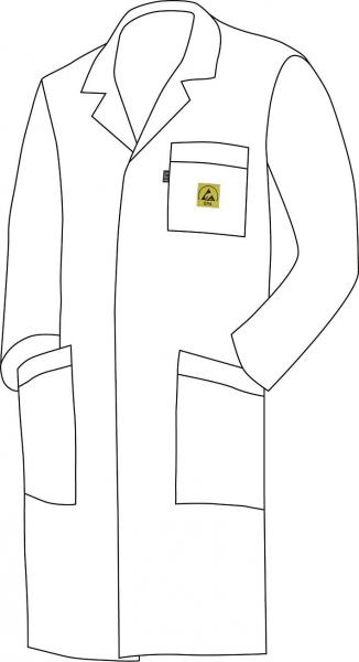The image shows a white lab coat. It has a collar, a chest pocket with a yellow emblem, and two lower pockets. The coat has long sleeves and reaches to the mid-thigh.