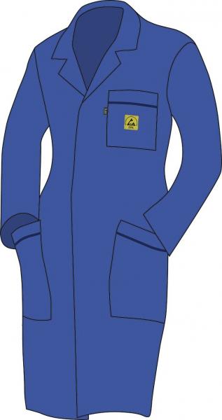 The image shows a long, blue lab coat. It has a collar, a chest pocket with a yellow logo, and two large side pockets. The coat appears simple and functional.