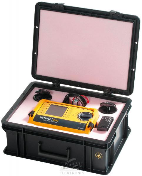The image shows a black hard-shell suitcase that is open. Inside, there is a yellow measuring device with a screen, surrounded by cables and two round controls.