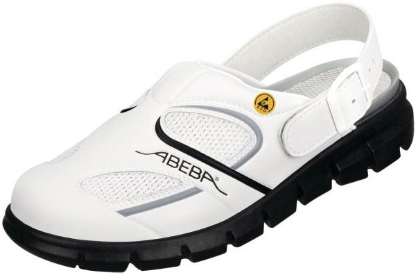 Der Schuh ist ein weißer Clog mit einer schwarzen Gummisohle. Er hat perforierte Seiten für Belüftung und einen verstellbaren Riemen an der Ferse. Das Markenlogo ist sichtbar.